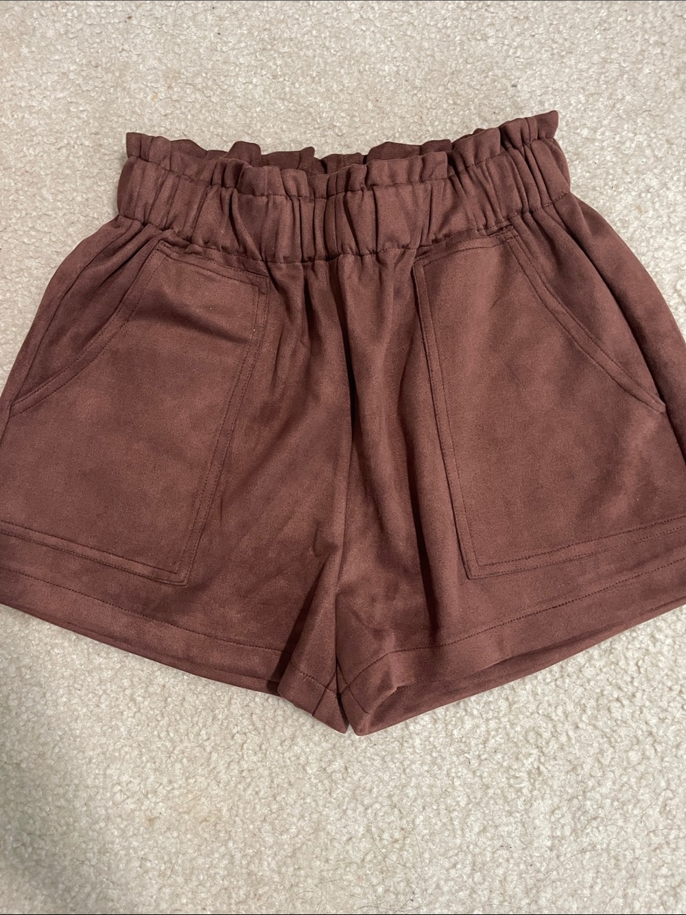 Pink Lily Brown Faux Suede High-Waisted Shorts
Size small